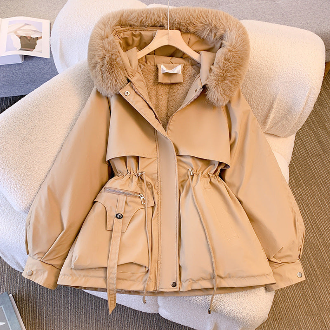 Parka de inverno feminina com capuz, quente e estilosa