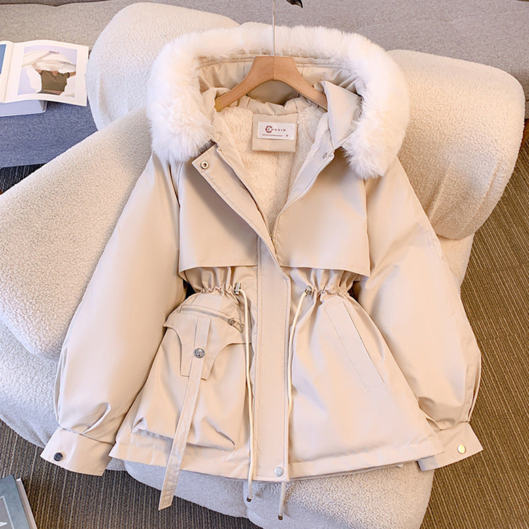 Parka de inverno feminina com capuz, quente e estilosa