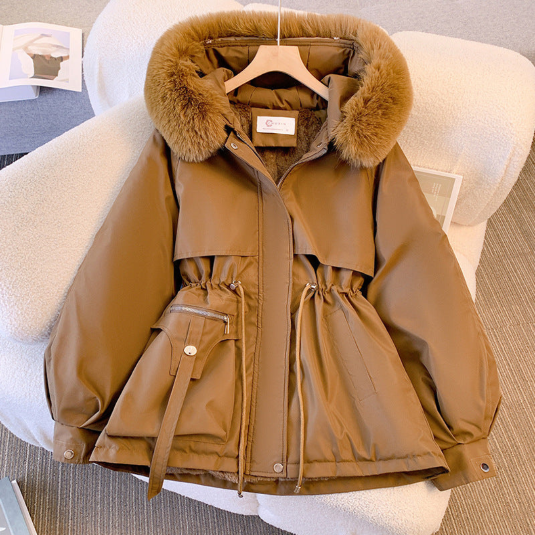 Parka de inverno feminina com capuz, quente e estilosa